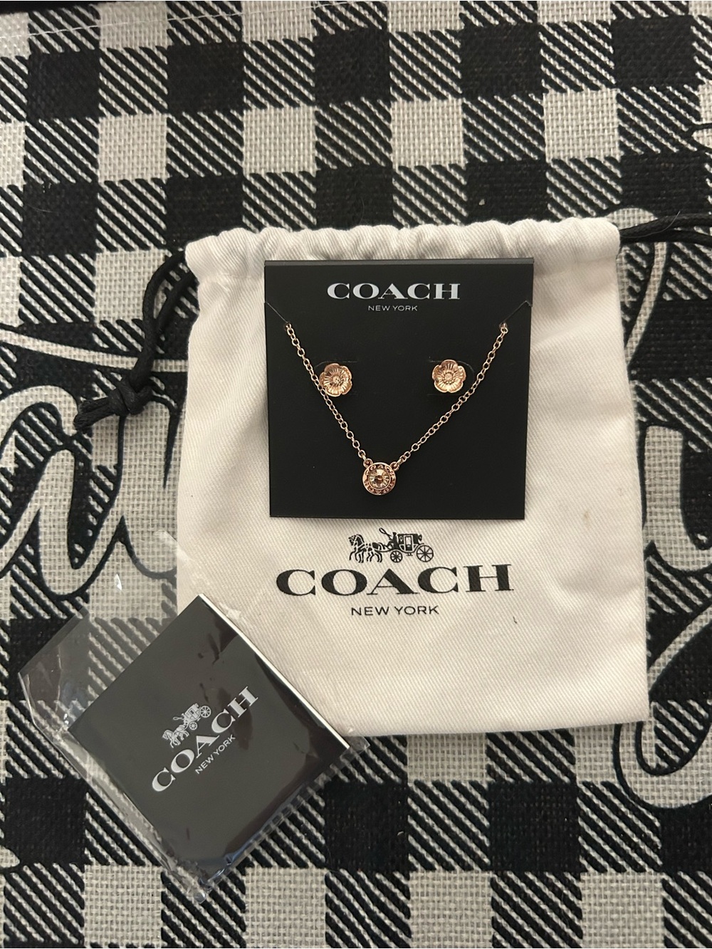 COACH Rose Gold Floral Pendant Necklace with Matching Studs New